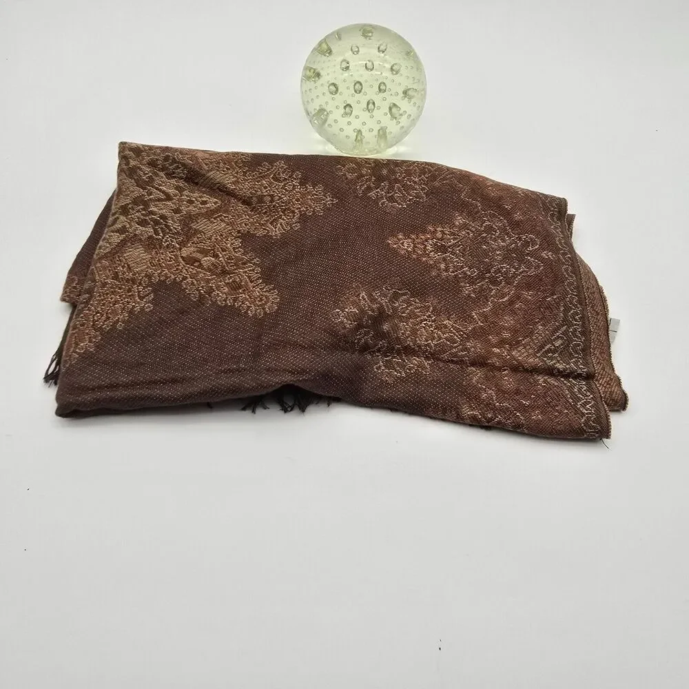 Pashmina Scarf Brown Silk Fringe Rectangle Wrap Boho Paisley 27X69